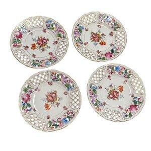 Schumann Bavaria Dresden Flowers Dessert Plates Set of 4 Gold Trim Vintage